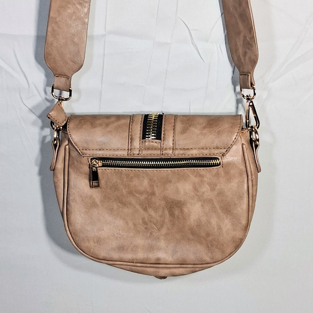 Madison West Crossbody Handbag Womens Studded  Strap Tan Marble Faux Leather Bag